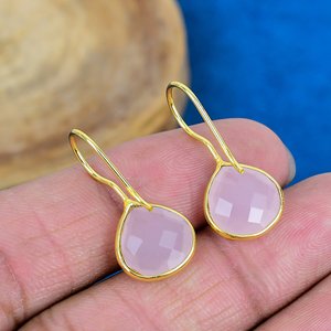 Natural Handmade Pink Quartz Heart Shape Gemstone Hook Earrings 18k Micron Gold Over 925 <b>Sterling</b> <b>Silver</b> - Product Image 4