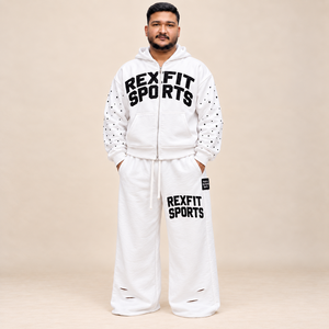 Conjunto Deportivo de Dos Piezas con Sudadera con Cremallera Completa, Mangas Decoradas con Estampado de Letras, Pantalones Deportivos Anchos con Efecto Desgastado, Estilo Urbano Unisex Personalizado - Product Image 1