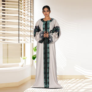Abaya de Lino con Frente Abierto, Diseño Tradicional con Paneles Bordados, Transpirable, Elegante, Modesta, Larga hasta el Suelo, Estilo Árabe, para Oración en Ramadán - Product Image 2