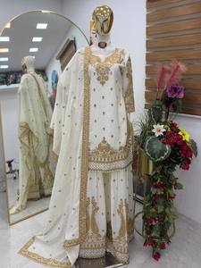 Conjunto de Choli Salwar Kameez Bordado para Mujer, Reversible, Sin Arrugas, con Lentejuelas y Remaches, de Seda Chinon, Largo Regular, de Secado Rápido, para Fiesta, Talla XXL - Product Image 5