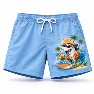 Shorts de plage pour hommes personnalisés à séchage rapide avec imprimé requin de dessin animé – Short de bain à taille élastique – Fabricant OEM en gros - Product Image 1