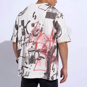 Camiseta Blanca Oversize con Estampado de Grafiti Marrón Claro y Rojo, Estilo Urbano, Personalizada, Hip Hop, de Algodón, para Hombre, Nueva Llegada - Product Image 4