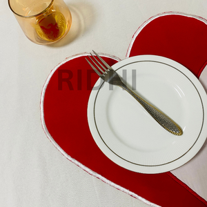 Ridhi Red & White Heart Shape Linen Placemats with Embroidery Reusable <b>Table</b> <b>Mats</b> Bulk for Restaurants, Cafes, Parties, Dining - Product Image 3