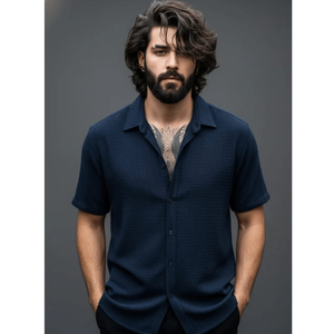 Camisa de Manga Corta con Cuello Cubano Texturizada para Hombre, Corte Ajustado, Estilo Casual para Vacaciones - Product Image 2