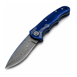 Cuchillo de bolsillo de acero de Damasco con punta de gota, mango de aluminio azul, pomo de pulgar, grado industrial, hoja recta de 0.6mm de espesor - Product Image 5