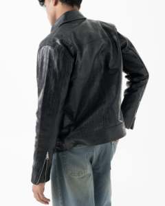 <b>Men's</b> Black Embossed Genuine <b>Leather</b> Quick Dry Wool Lining Moto <b>Jacket</b> Turn-down Collar Zipper Closure Regular Fit Autumn Style - Product Image 4