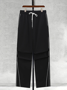 Men's Black & White Line <b>Drawstring</b> Straight Leg Casual Pants Spring Autumn Loose Cargo Style <b>Trousers</b> - Product Image 3