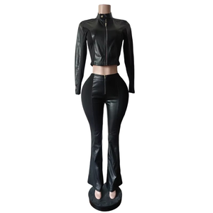 Fall Women Y2k Punk Two Tone Long <b>Sleeve</b> Zip Jacket Flared Above Knee <b>Short</b> Pants Streetwear Motorcycle 2 Piece Set Outfits - Product Image 1