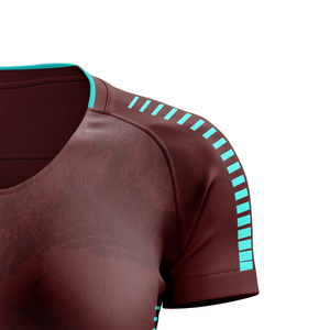 Maillot de football femme rayé bordeaux et turquoise, style rétro tendance, coupe ajustée, 100 % polyester respirant, col en V, sublimation - Product Image 2