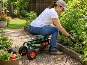 Heavy Duty Garden <b>Seat</b> with <b>Storage</b> Tray 150kg Load 4 Pneumatic Wheels for Planting Pruning Outdoor Garden Work ODGGAD022 - Product Image 1
