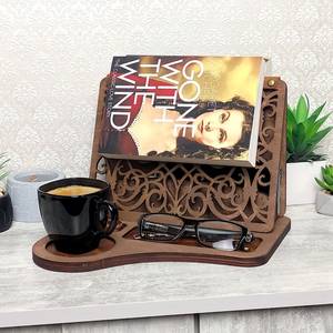 Wooden <b>Book</b> <b>Stand</b> & Bookends Cup <b>Holder</b> Reading Tray Desk Organizer Modern Art Engraved Home Office Coffee Accessory - Product Image 1
