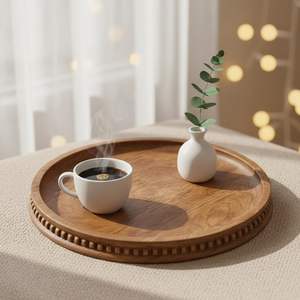 Plateau rond décoratif en bois d'acacia de qualité supérieure, design à bordure perlée, plateau de service décoratif multi-usages pour la maison et la cuisine - Product Image 2