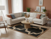 Tapis Kilim Moderne Noir en Velours Polyester à Poil Ras de 5-6 mm, Motif Floral, Tissage Plat, Fabriqué à la Machine, Antidérapant avec Dos en Jute |   Taille personnalisée