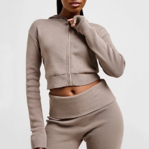 <b>Women's</b> Hooded Zip-Up Crop <b>Sweatshirt</b> Solid Color Knitted Full Sleeve Autumn Wear Breathable Spandex Cotton Blend - Product Image 1