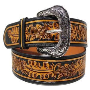 Cinturón de herramientas de cuero genuino curtido Vintage hecho a mano, cinturón de hebilla de flor tallado Retro informal para tamaños personalizados unisex - Product Image 4