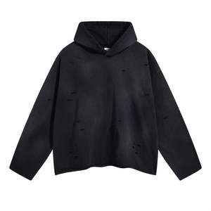 Sudadera con capucha para hombre, al por mayor, personalizada, con lavado ácido, desgastada, rasgada, oversize, vintage, con bajo sin rematar, corta, con efecto de rasgaduras de mezclilla, OEM - Product Image 5