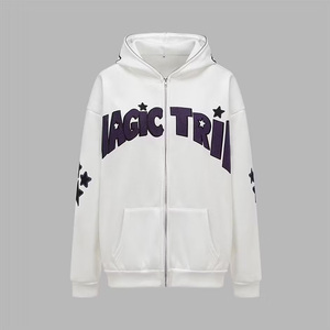 Wholesale Men <b>Zip</b>-<b>Up</b> Hoodie <b>White</b> Cotton Fleece Unisex Casual Hooded Sweatshirt with Star Print Front Logo Autumn Wear - Product Image 1