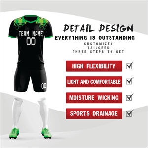 Uniforme de Fútbol Personalizado al por Mayor, Elegante, Estampado, Transpirable, de Manga Corta, Negro y Verde, Conjunto Completo para Primavera/Verano - Product Image 5