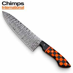 Couteau Santoku de style japonais personnalisé avec lame en acier Damas (6-7,9 pouces), manche en résine à carreaux noir et orange, ambidextre - Product Image 6