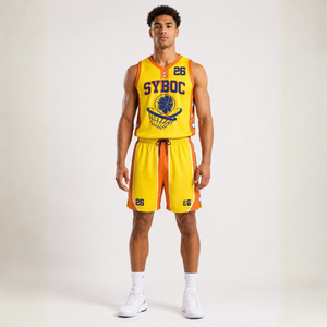 Conjunto de Uniforme de Baloncesto Personalizado con Sublimación en Amarillo Dorado y Azul, Jersey sin Mangas con Cuello en V y Pantalones Cortos - Product Image 1