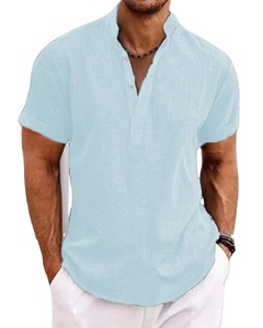 Nueva camiseta de playa informal con cuello Henry para hombre, Camiseta de algodón 100% de alta calidad, manga corta, estilo callejero de Color sólido teñido con lazo - Product Image 2
