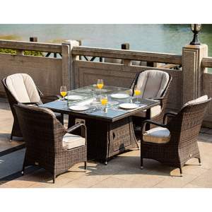 Outdoor 4-Seat Rattan Square <b>Gas</b> <b>Firepit</b> Dining Set with Eton Chairs and Cushions for Garden Use - Product Image 5
