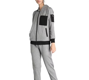 Women Gray Full <b>Zip</b> <b>Hooded</b> Tracksuit Set Long Sleeve Solid Color Casual Sporty Style With Side Pockets Polyester Material - Product Image 1