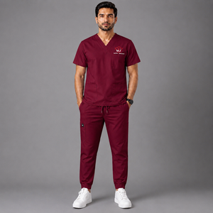WAPRO INDUSTRY Men's <b>Maroon</b> V-Neck Scrub Set Cotton Polyester Woven Hospital Uniforms - Product Image 1