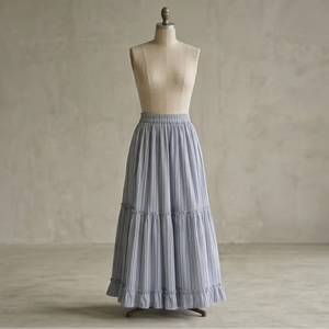 Women Blue White Stripes Cotton Maxi <b>Skirt</b> <b>Elastic</b> Waist Tiered Frill Long <b>Skirt</b> Summer Beach Wear Casual Boho Outfit Top - Product Image 1