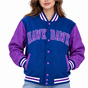 Custom <b>Women</b> Two Tone Varsity Jacket Casual College Style Outerwear Sleeves Print Snap Button Striped <b>Collar</b> Letterman Jacket - Product Image 1