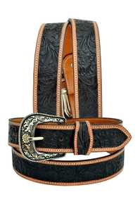 Ceinture en cuir noir et marron de style western haut de gamme avec broderie florale et boucle ardillon argentée, style décontracté - Product Image 2