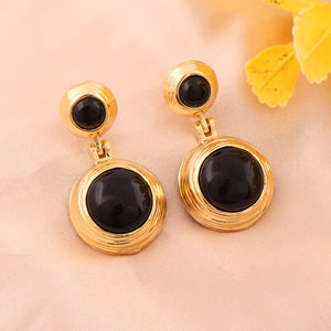 Pendientes Colgantes de Latón Sólido Chapado en Oro de 18k con Doble Ónix Negro, Cabujón Liso y Atrevido, Joyería de Declaración con Cierre de Mariposa para Mujer - Product Image 2