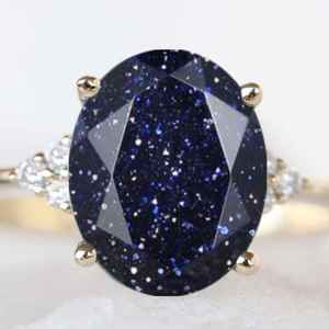 Bague en pierre de sable bleue, coupe ovale délicate, argent sterling 925, plaqué or 14 carats, bague de fiançailles, cadeau de mariage - Product Image 3