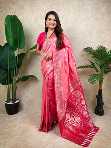 Sari en soie de Banarasi avec motif tissé Zari, accompagné d'un morceau de blouse non cousu, ensemble de vêtements régionaux EL-Chal DC - Product Image 3