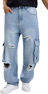 Pantalones de hombre de estilo único, buen material, personalizados, precio económico, de pierna ancha, oversize, vaqueros desgastados, 6 bolsillos cargo, holgados. - Product Image 6