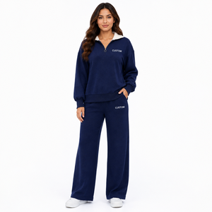 Ensemble deux pièces tendance pour femme, en molleton mi-lourd, grande taille, avec logo personnalisé, 100% coton, sweat-shirt zippé et pantalon de survêtement, OEM ODM - Product Image 1