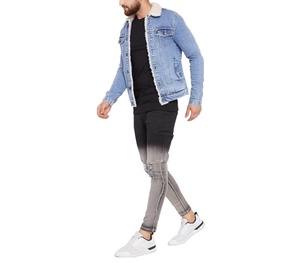 Men's Slim Fit Denim Jacket With Faux Fur Lining Turn-<b>down</b> Collar Casual Washed Blue Jacket Autumn Wear - Product Image 1
