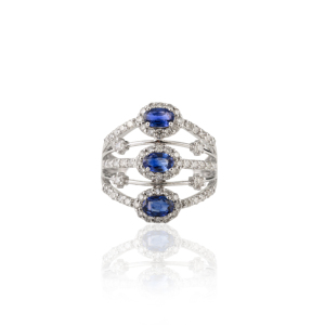 Anillo de Oro Blanco Puro de 14K con Zafiro Azul y Diamantes en Múltiples Filas, Colección de Joyería de Boda para Mujer, Venta al Por Mayor - Product Image 1