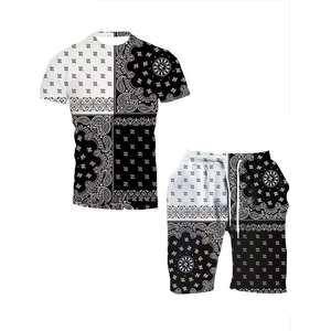 Ensemble de vêtements pour hommes Fantasy Wear, t-shirt et short en couleur unie, noir et blanc, streetwear, tenue en deux pièces, respirant, 100% coton - Product Image 1