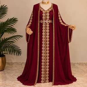 Designer <b>Kaftan</b> Dress for <b>Women</b> Elegant Arabic Abaya Style Long Flowing Maxi Gown with Sheer Sleeves Intricate Gold Silver - Product Image 2