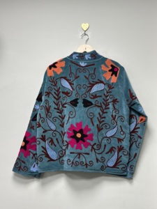 Floral Embroidered Knitted <b>Velvet</b> Bomber <b>Jacket</b> <b>Women</b> Vintage O Neck Full Sleeve Breathable Open Stitch Casual Winter Thick - Product Image 3