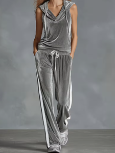 Women's Velvet Hooded Tracksuit Two Piece <b>Set</b> Sleeveless Solid Color Loose Fit Casual Wear Full Length Pants With Side Stripe - Product Image 5