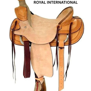Selle de cheval de ranch Royal International Premium |   Selle d'équitation western en cuir véritable, motif gravé à la main, pour course et trail, en fibre - Product Image 1
