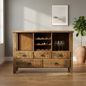 Consola de Madera Rústica para Botellas de Vino con Cajones de Almacenamiento, Estantes Abiertos y Soporte para Botellas, Mueble para Bar en Casa - Product Image 6