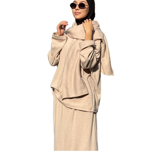 Women's Beige Hooded Abaya <b>Long</b> Sleeve Modest Maxi <b>Dress</b> Solid Cotton Loose Fit Daily Wear Middle East Style - Product Image 3