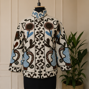 Luxury Handmade Suzani <b>Jacket</b> for <b>Women</b> Ivory Cotton <b>Velvet</b> Botanical Embroidery Ethnic Boho Statement Outerwear - Product Image 2