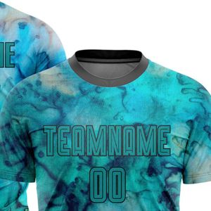 Maillot de football personnalisé sublimé unisexe col rond manches courtes bleu vert tie-dye avec nom et numéro d'équipe - Product Image 4