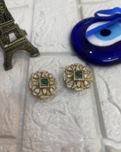 <b>studs</b> earring in round shape with green doublet and polki stone for Indian wedding jewelry <b>studs</b> in gold layered for women - Product Image 2
