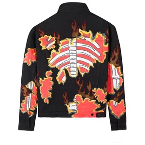 Black Flame Sleeve Denim Trucker Jacket Men Streetwear Embroidered Fire Graphic Jeans Jacket Y2K Hip Hop Casual Outerwear - Product Image 2