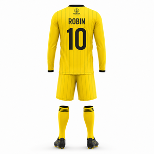 Ensemble Maillot de Foot Personnalisé Jaune et Noir à Manches Longues, Short et Chaussettes, Rayures Fines, Tenue d'Équipe, Fabrication OEM, Qualité Supérieure pour Jour de Match - Product Image 2
